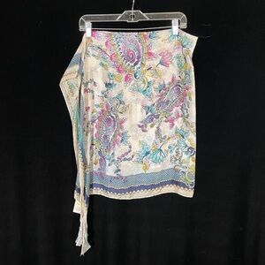 Johnny Was Silk Tassel Scarf Paisley Print White Blue Pink Yellow